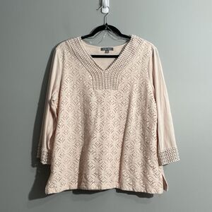 Roz & Ali Pink Top Embroidred Crochet York Lined Long Sleeve Top 1X